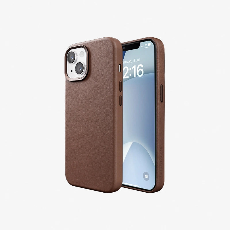 Étui en cuir végétalien brun pour iPhone 13