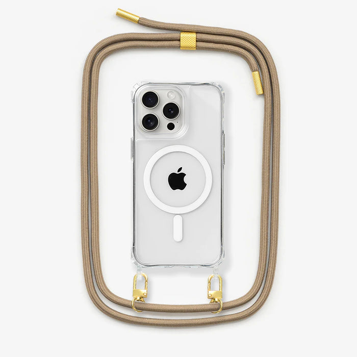 Woodcessories - Coque avec Cordon transparent - iPhone 15 Pro - MagSafe - Taupe/Or